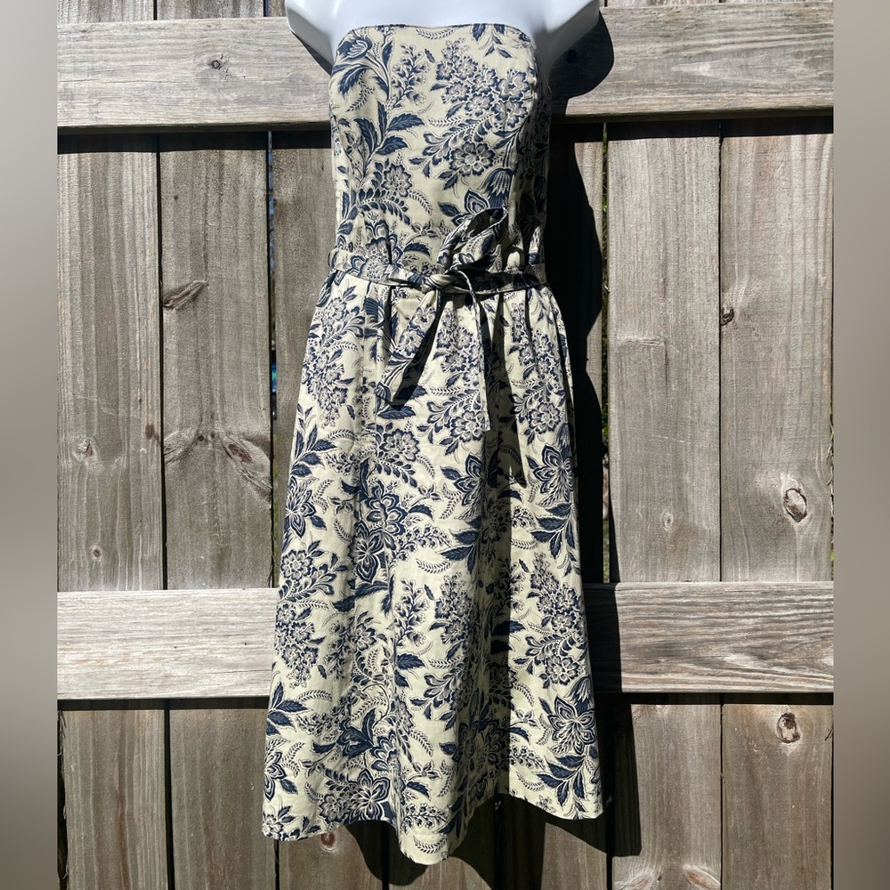 SEV Floral Print Strapless Midi Dress in Cream and Navy Sz 6 - Picture 1 of 10